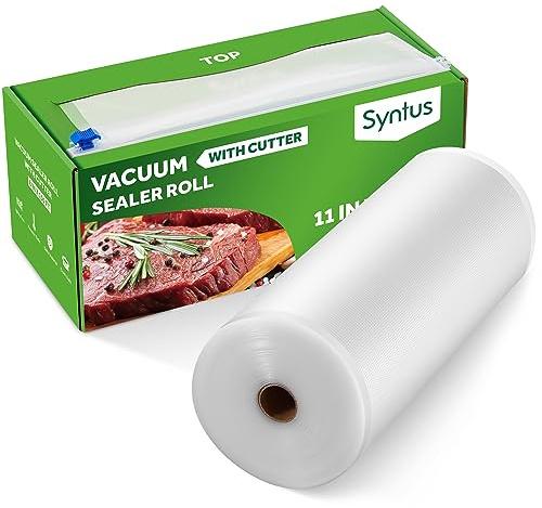 Syntus 11 x 150' Food Vacuum Seal Roll Keeper with Cutter Dispenser, Commercial Grade Vacuum Sealer Bag Rolls, BPA Free Food Vac Bags, Ideal for Storage, Meal Prep and Sous Vide