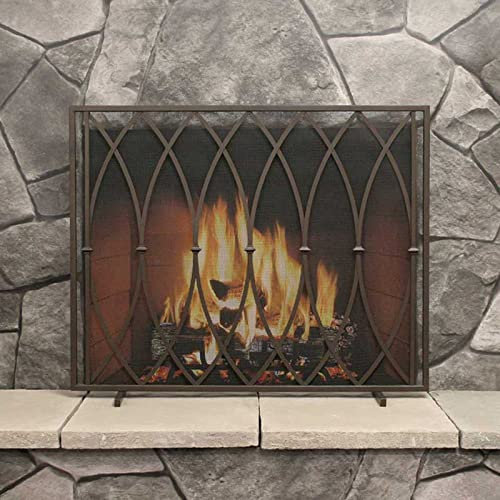 DOZRAN Funkenschutzgitter Antik Bronziert Kaminschirme Flach, Schmiedeeisen Mesh Finish Funkenflammenschutz für Scheitholzbrenner/Flammenofen, 100×81cm