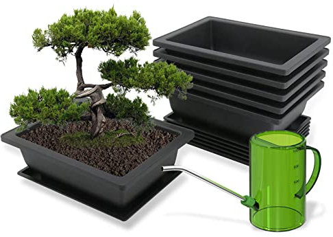 MissFox Bonsai Schale mit Untersetzer, 6 Stücke Bonsai Trainingstöpfe aus Kunststoff, Topfpflanzen Pflanztopf für Garten, Blumentopf Rechteckig Set mit 1 Liter Giesskanne Zimmerpflanzen, 16x12x6cm
