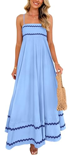 PRETTYGARDEN Women's 2025 Summer Flowy Maxi Dress Casual Sleeveless Spaghetti Strap Ruffle Beach Long Dresses (Light Blue,Large)