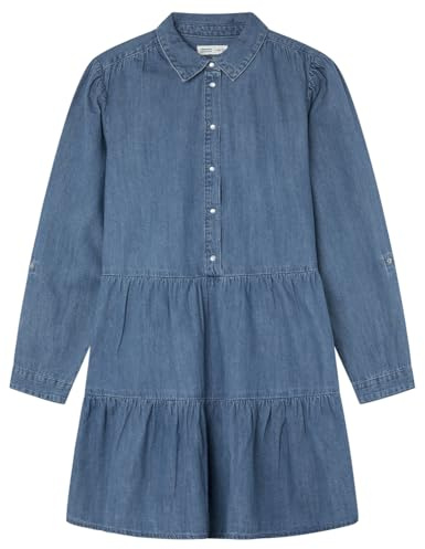 Springfield Vestido Vaquero Corto con Mangas Enrolladas Y Bolsillo con Costura algodón, Azul Ahumado, 34 para Mujer