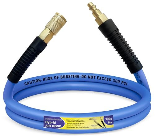 Air Compressor Hose 1/4 in x 6 ft, 300 PSI Heavy Duty Hybrid Air Hose with Quick Coupler and Plug Kit, Lightweight, Kink Resistant, All Weather Flexibility with Bend Restrictors, Blue