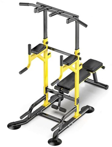 LYUCAYHQ Rack Musculación, Estación de Dominadas con Altura Ajustable, Maquina Gimnasio de Fuerza Multifunción para el Hogar, con Reposabrazos, Barra de Flexiones y Asiento, para Gimnasio en Casa