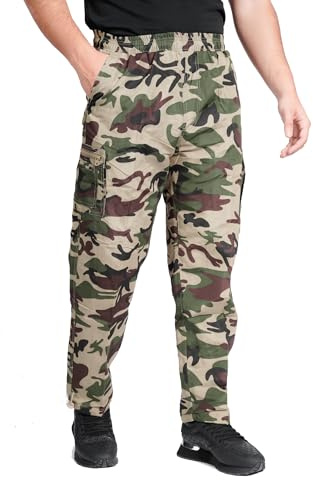 LABEL APPAREL Mens Fleece Lined Thermal Cargo Trousers Pants Elasticated Combat Bottoms M-3XL Green Camo