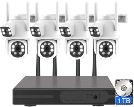 AKAVIG 4CH 4MP Sistema de Cámara de Seguridad de Doble Lente, Cámara de Vigilancia Doméstica CCTV WiFi Inalámbrica Kit NVR con Visión Nocturna A Color, Detección Humana, con Disco Duro 1T