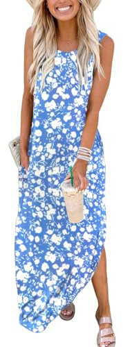 Cuptacc Robe Longue Femme Boheme Robes Fluide Mi-Longue Chic Fleur Bleu,Groß L 42-44