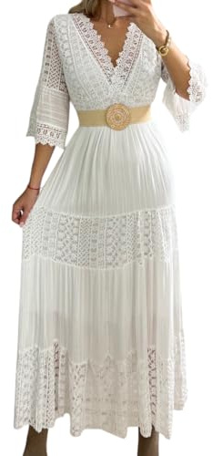 Vestido largo de encaje para mujer con cuello en V, mangas acampanadas 3/4, blanco, vestido bohemio de encaje, vestido bohemio