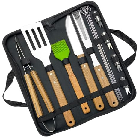 usefulbeauty Juego de herramientas para barbacoa, 16 piezas de acero inoxidable, accesorios para barbacoa, pinzas para espátula, cepillo portátil, utensilios de cocina para camping, jardín, picnic