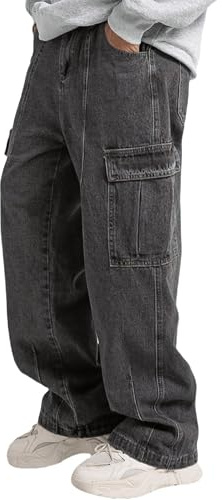 JNCO Jeans Cargo Baggy pour Homme – Y2K Hip Hop Grunge Loose Fit Streetwear, Noir/Gris, S