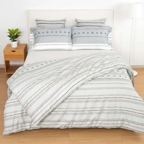 H HANSEL HOME Juego Nórdico 4 Piezas para Cama 150 – 100% Microfibra Suave y Resistente – Funda Nórdica + Sábana Bajera Ajustable + 2 Fundas de Almohada – Color Gris Sereno