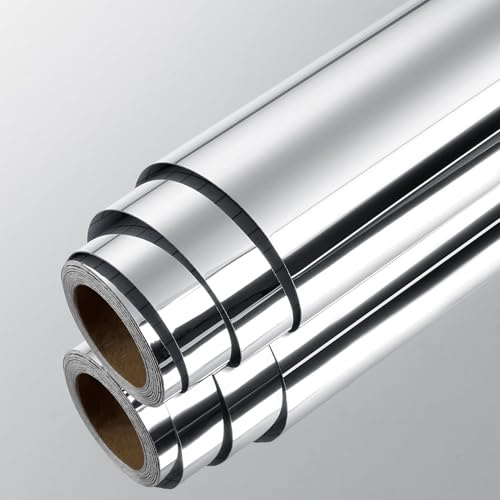 LaCheery Silver spegelfolie skåp självhäftande 60 cm x 400 cm möbelfolie självhäftande spegel film vinyl köksfolie silver vattentät spegelfolie möbler dekoration tapet för kök skåp vardagsrum