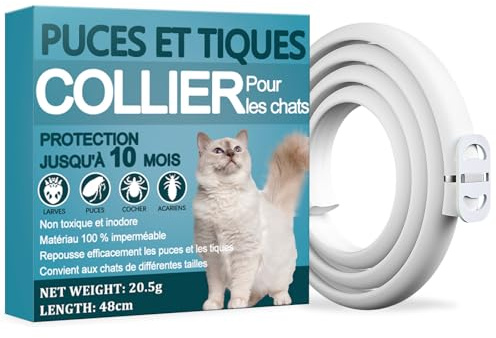 Collier Anti Puces pour Chats, Collier de Puce pour Chat avec Une Protection Efficace de 10 Mois, Imperméable, Réglable, Traitement aux Puces Chat, pour Les Chatons de Gros Chats (48cm)