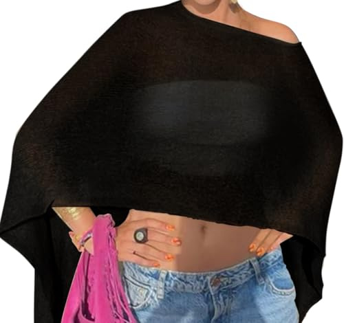 Vicarly Drop Shoulder Sheer Crochet Vacation Outfit Poncho Sweater Top Summer Beach Coverup Women See Though Thru Festival Shawls Bolero Shrug Rave Resort GoingOut Wear Swimsuit Black X-Large