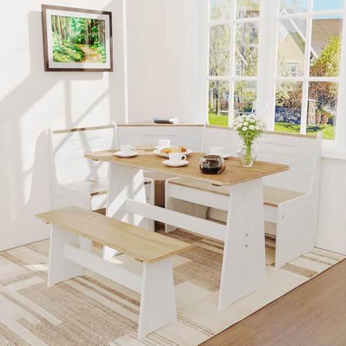 Gracava Breakfast Nook Table Set - Kitchen Dining Room White Bench Seating L Shaped Corner Table Solid Wood Space Saving Apartment Seats 4 to 6 People
