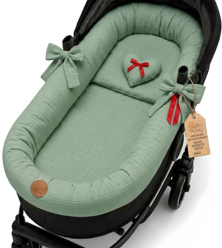 Accessori per passeggino carrozzina mussola neonato Inserto navicella - set 3 pezzi con nido cuscino e materassino cotone morbido inserto Salvia