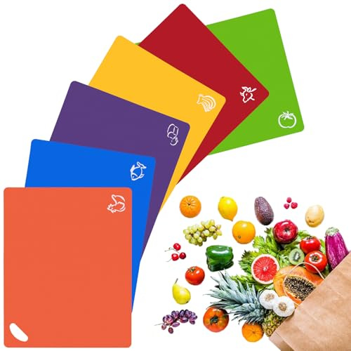 Nureeca Juego de 6 tablas de cortar de plástico, esteras de corte coloridas con símbolos de alimentos, base de corte flexible para cocina, resistente a las bacterias y apta para lavavajillas