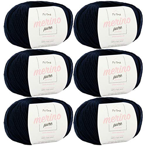Merino Wolle zum Stricken - 6x Merino pure marine (Fb 4409) - 6 Knäuel Merinowolle Marine + GRATIS Label - 50g/65m - Nadelstärke 6-7