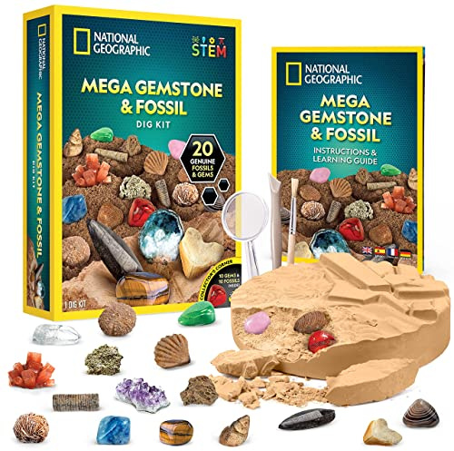 National Geographic Mega Fossil and Gemstone Dig Kit - Excavate 20 Real Fossils and Gems, Science Kit for Kids, Rock Digging Excavation Kit, Geology Gifts for Boys and Girls