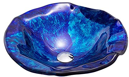SHUGUANG Lavabo de Vidrio Templado, Lavabo Cristal Templado Azul Lavabo sobre Encimera para Baño, Lavamanos Cristal Baño con Drenaje de Agua, Anillo de Montaje, 470×470×120mm,Single Sink
