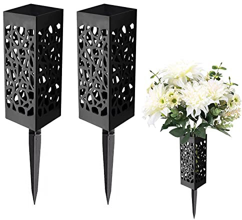 2 Stück Grabvase Friedhofsvase mit Erdspieß, Schwarz Kunststoff Blumenvase Friedhof Memorial Steckvase für Grab, Grabvasen, Steckvasen