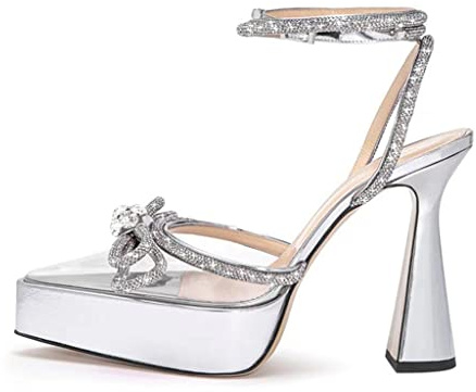 Tacchi Alti da Donna con Punta A Punta, Sandali con Cinturino con Strass, Scarpe con Décolleté Trasparenti, Tacco Alto A Blocchi Grossi, Décolleté con Fiocco con Spalline