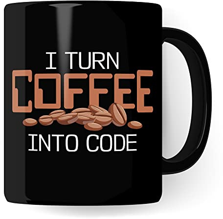 Informatik Geschenk Tasse, I turn Coffee into Code Geschenkidee für Informatiker Kaffee-Becher Informatikerin Programmieren Kaffeetasse mit Spruch lustig Coding (Schwarz)