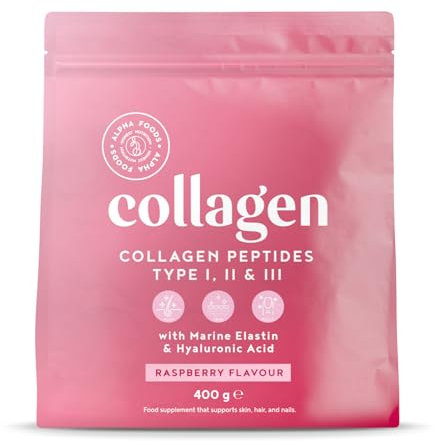 Collagen Pulver [400g] | Premium Kollagen Hydrolysat | Peptide Typ 1, 2 & 3 | Hochdosiert Kollagenpulver mit Hyaluronsäure und Elastin | Himbeergeschmack | in Deutschland hergestellt | Alpha Foods