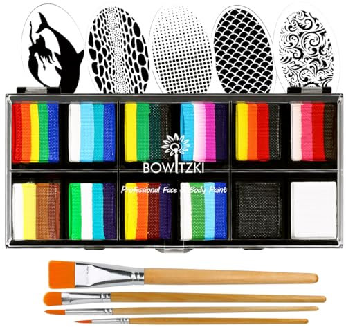 Bowitzki Professionelles Schminkset für Kinder und Erwachsene, 12 x 10 g, Schminkset mit Schablone, One Stroke Split Cake, ungiftig, Regenbogen, Flora, Delfin, Einhorn, Flamme, Körperbemalung, Make-up