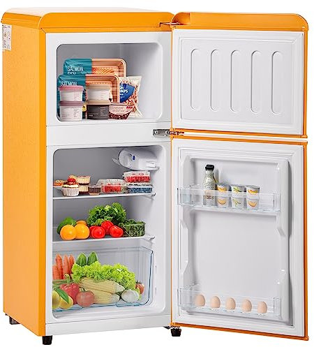 Frigorifero Piccolo, Minifrigo con cella Freezer, frigo bibite Silenzioso 60L, minifrigo -27°C ∽ 13°C, Volume congelatore 22 Litri, -27°C ∽ 13°C, Luce LED, Classe energetica F,Yellow