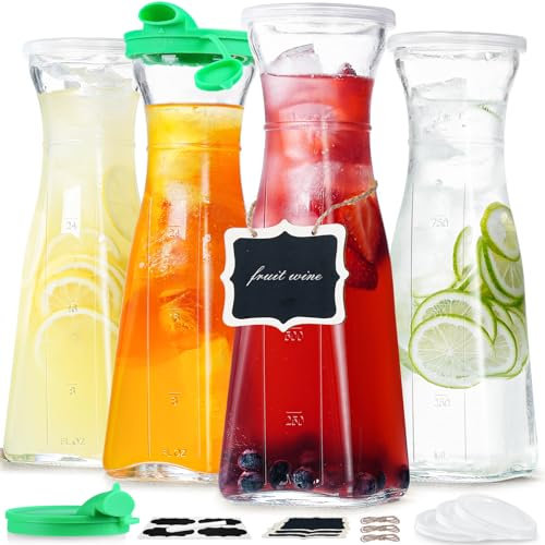 Ritayedet Glass Carafe, 1 Liter Carafe for Mimosa Bar, 4 Pcs, Square Pitcher with Lid and Spout, Drink Dispenser for Parties, Cold Water, Milk, Juice Container, Tea, Wine, Cocktails (6 Lids & 1 Spout)