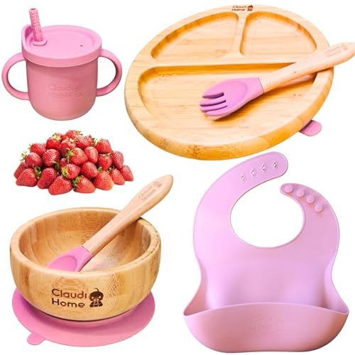 Kindergeschirr-Set aus Bambus, Jungen Mädchen Kinder Baby Teller Schale mit Saugnapf, Geschirrset Antirutsch Babygeschirr Essen, Gabel Löffel Lätzchen Tasse Silikon Deckel und Strohhalm (Rosa)