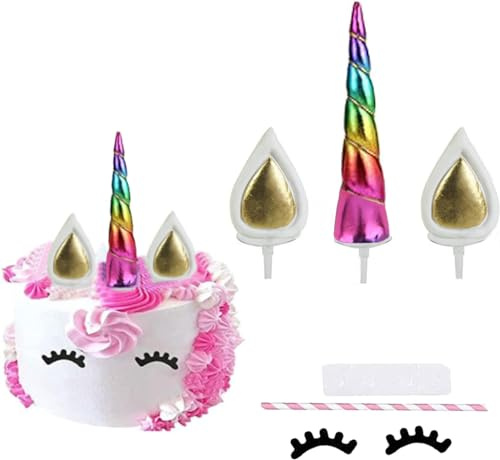 Enhörning tårta toppare guldkaka toppare för födelsedag, bröllop, fest, tårtdekoration, söta horn öron och ögonfransar, tårta dekoration, för fest, babyparty (regnbågsfärg)