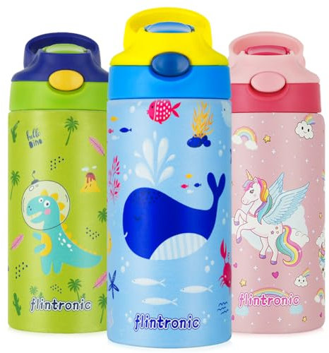 flintronic Gourde Isotherme Enfant, 350ML Gourde Enfant, Bouteille pour Boisson Chaude ou Froide avec Paille, Anti-fuite, Sans BPA Tritan, Reutilisable pour l'école, Les Maternelle et la Sports