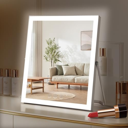 homtang Vanity Mirror with Lights,10x12 Lighted Makeup Mirror with 3 Color Modes & Dimmable, 360° Rotation Desk Mirror, Dual Power Supply, Smart Touch Control with Settings Memory (White)