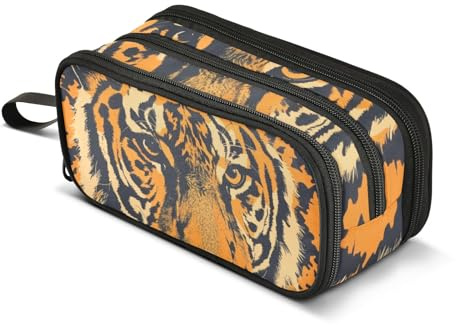 Astuccio con tigre leopardata, grande capacità, per ragazzi e ragazze, astuccio a 3 scomparti, per studenti, cancelleria, pennarelli, per scuola, ufficio, lavoro, Tigre leopardata, Taglia unica,