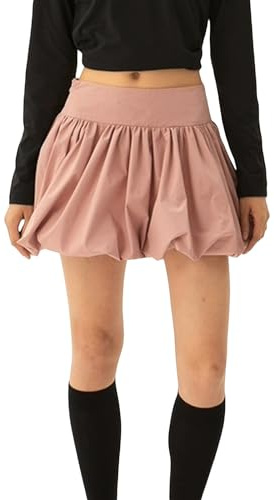 CocMouse Women Girls Bubble Mini Skirt Low Waist Pleated Puffy Short Skirts A-Line Rufle Flared Balloon Skirts Streetwear (Pink, XL)