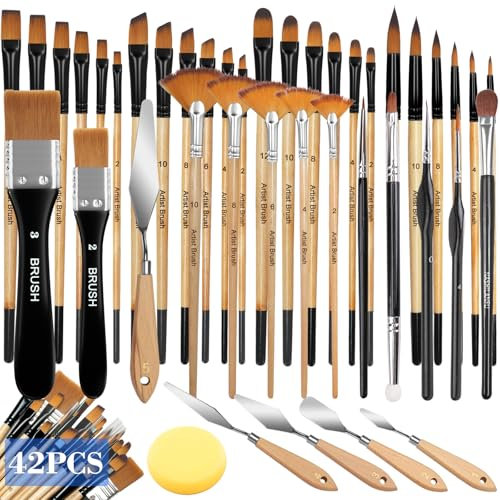 TOSUTO Pinselset Acrylfarben,42 Stück Pinsel Set,Pinselset Malen,Künstlerpinsel,Acryl Pinsel Set,Hochwertige Pinsel Mit Holzgriffen,Feine Malpinsel Für Acryl,Aquarell,Öl,Gouache,Steinmalerei