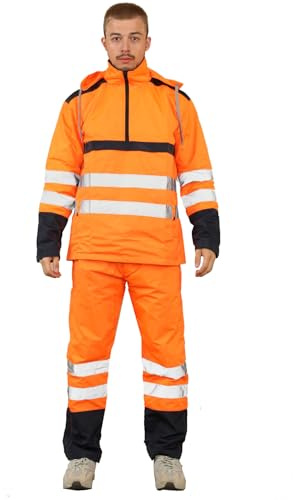 Style Spot Men Hi Vis Waterproof Hooded Rainsuit High Visibility Jacket & Trousers Reflective Tape Lightweight Workwear Sizes Orange-M