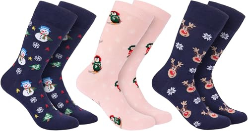BRUBAKER 3 Par Julsockor - Roliga Strumpor för Damer och Herrar med Julmotiv - Pingviner Rosa, Ren och Snögubbe Blå - Bomull - Julklapp - EU 35-40