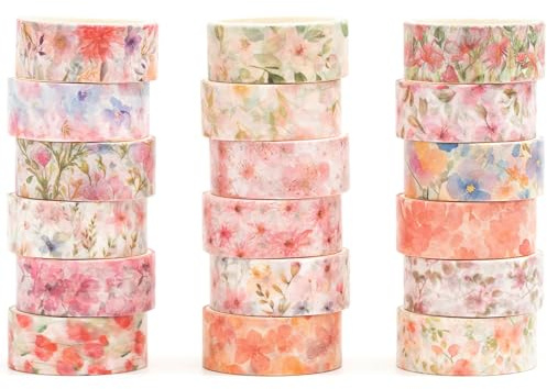 Songdao Blommor Washi Tape set 18 rullar dekorativ tejp färgglad för scrapbooking, bullet dagbok, planerare, presentförpackning (blomfestival)