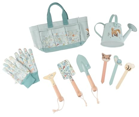 Little Dutch 9114 - Set attrezzi da giardino per bambini, con custodia, 10 pezzi, Forest Friends