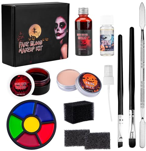 Halloween Special Effects SFX Makeup Kit - 6 Colors Bruise Body Makeup Face Painting Palette + Scar Wax + Spatula Tool + Fake Blood + Stipple Sponges + Brushes - For Halloween Party & Cosplay