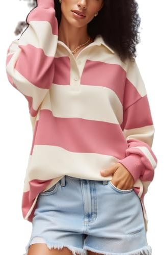 Rugby Shirt Women Striped Collared Long Sleeve Rugby Polo Shirts Oversized Stripes Color Block Sweatshirt Y2K Vintage Pullover Jersey Top Fall Trendy