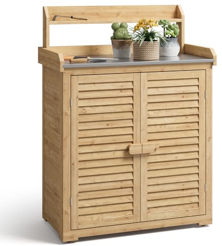 Blishom Table de Rempotage Extérieure,Table de Jardinage, Double Porte, avec Crochet, pour Jardin, Balcon, Terrasse, 88x45x120 cm,Naturelle