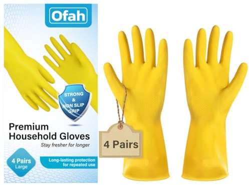 Ofah Premium Household Gloves 4 Pairs Large Size Strong Non Slip Grip Reusable Rubber Gloves With Extended Cuff Waterproof Design Ideal For Dishwashing Cleaning Gardening And Everyday Home Use