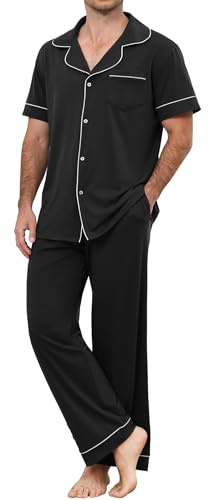 TeJoyce Pyjamas för män i bomull, herrpyjamas tvådelat set med korta ärmar med knappar V-ringad och långa byxor och fickor för hemmet sova i storlek S-XXL, mjuk och bekväm