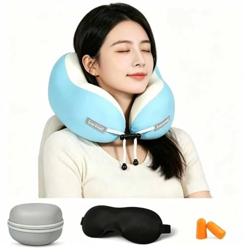 YGVQN Almohada de Viaje Cuello, Cojín de Viaje Avión, Almohada Cervical Memory Foam Ergonomica en Forma de U con Funda Ice-Seda, Ideal para Coche Tren Oficina, Incluye Antifaz, Tapones y Bolsa