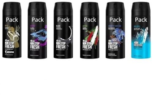 AXEE Desodorante Spray Men Pack Variado 6 unidades (6 x 150 ml) Protección 48 horas. Gold, Marine, Black, Africa, Anarchy, Ice Chill