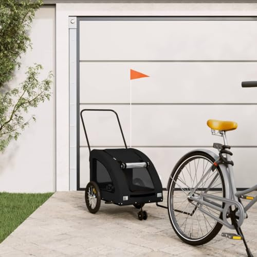 Rimorchio per bicicletta per cani in tessuto Oxford con telaio in ferro, finestre a rete, tetto e due ruote grandi per una guida confortevole in nero