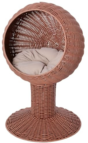 PawHut Elevated Cat Bed with Rotatable Egg Chair Pod, Cat Basket Bed with Thick Cushion, Natural Mat Grass Woven Kitty House, Brown